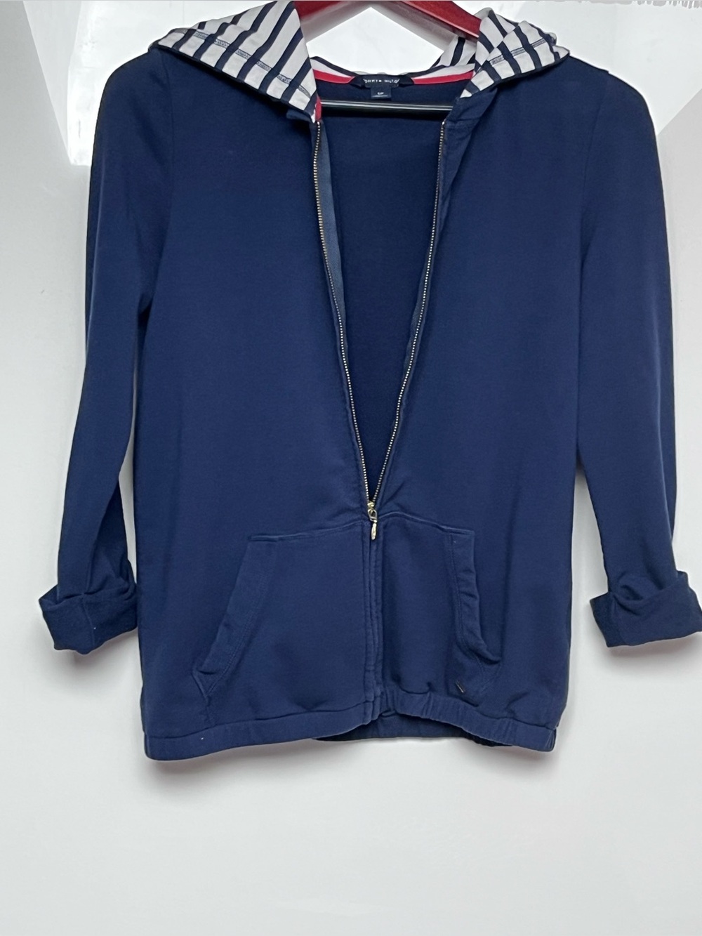 Tommy Hilfiger Women's Navy Blue Full Zip Hoodie Striped Hood Lining Size S/P